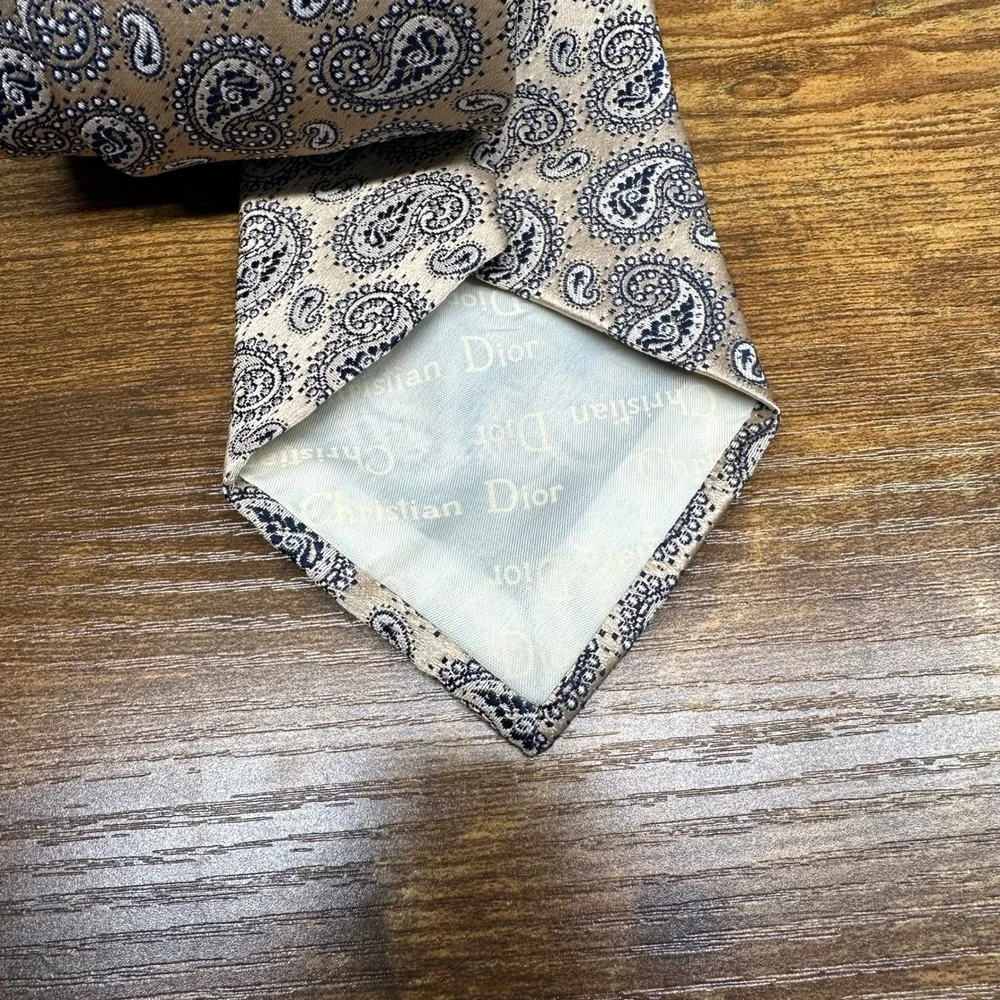 Christian Dior Cravates Mens Paisley Tie Tan Navy Blue Vintage Designer Necktie‎